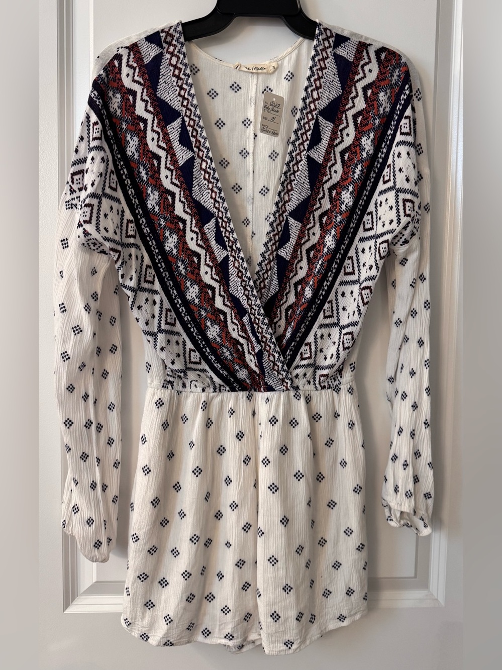 #3027 - Chloe & Katie White Blue & Red Long Sleeve Surplice Crinkle Gauze Romper